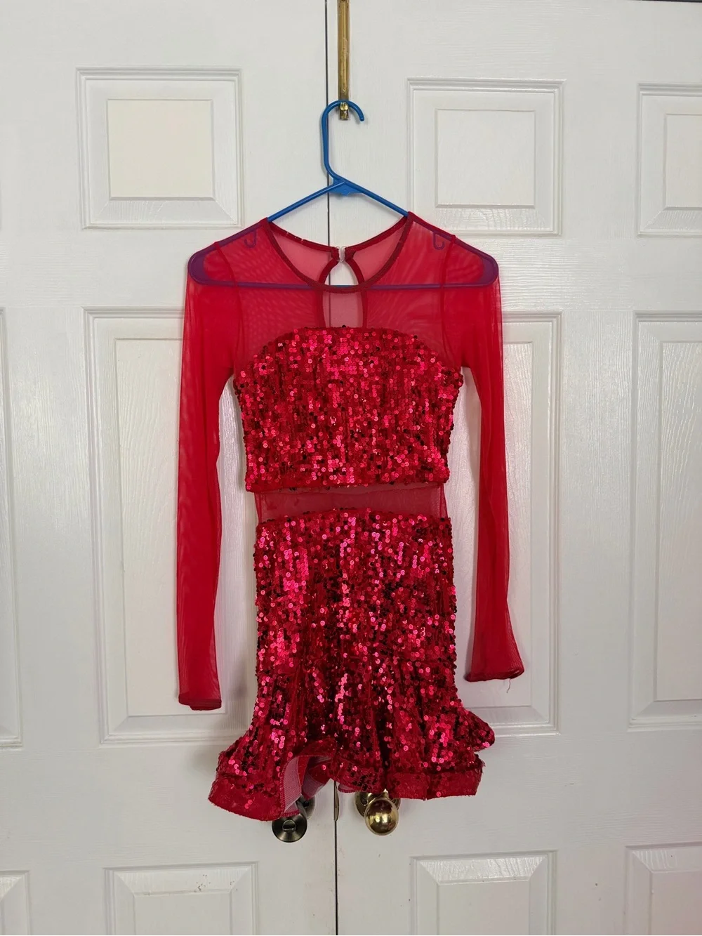 Weissman Red Sequin Two-Piece Dance Costume with Mesh Sleeves